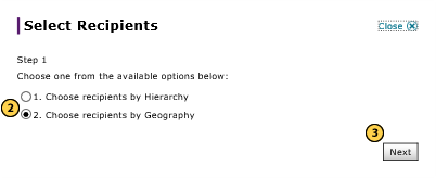 Select internal users by geography, step 1 of 3.